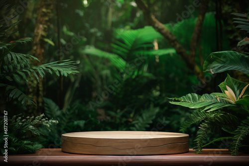 Wooden podium in tropical forest for product presentation and green background © MUS_GRAPHIC