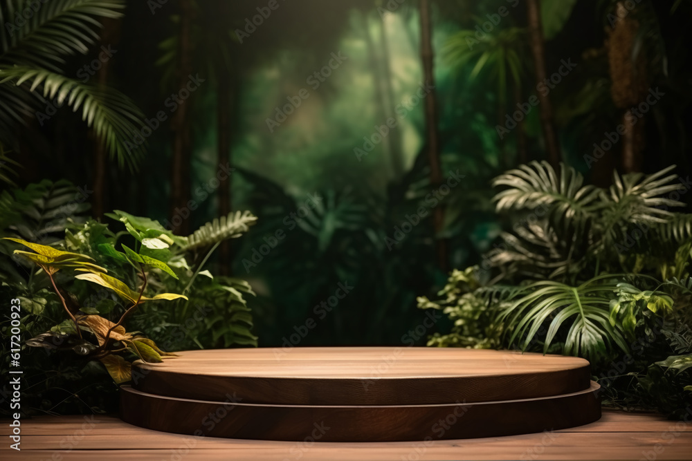 Wooden podium in tropical forest for product presentation and green background Wooden podium in tropical forest for product presentation and green background