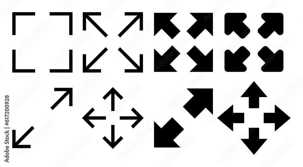 Fullscreen Icon set illustration. Expand to full screen sign and symbol. Arrows symbol Fullscreen Icon set illustration. Expand to full screen sign and symbol. Arrows symbol