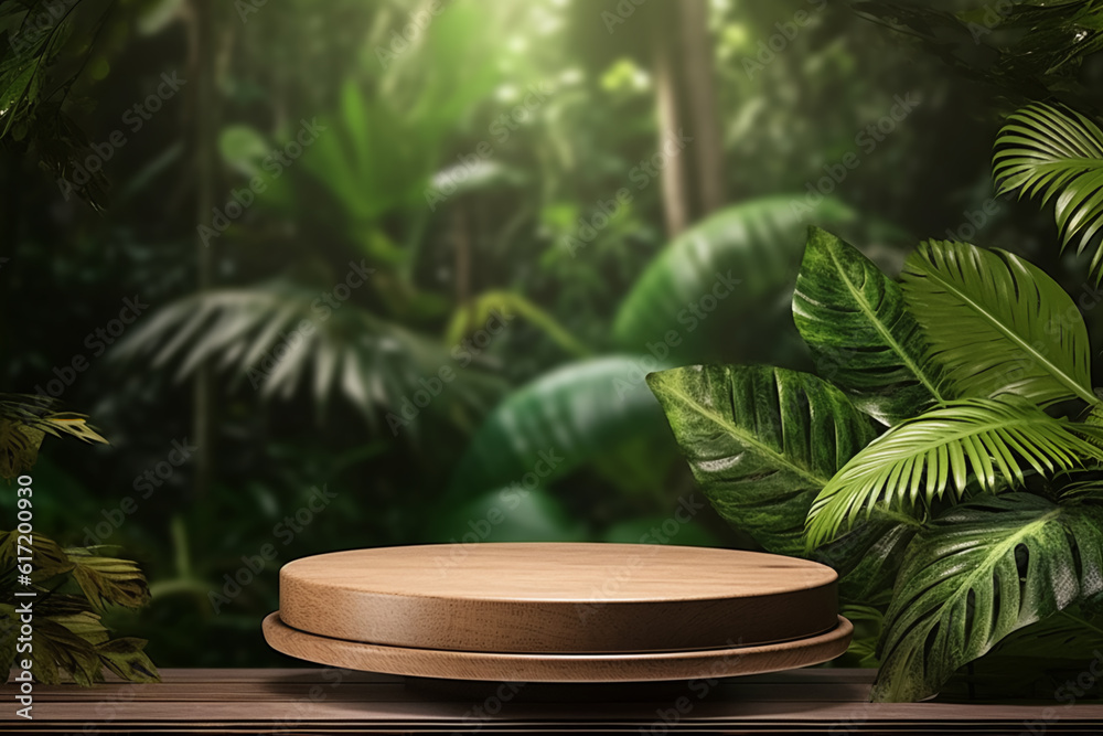 Wooden podium in tropical forest for product presentation and green background