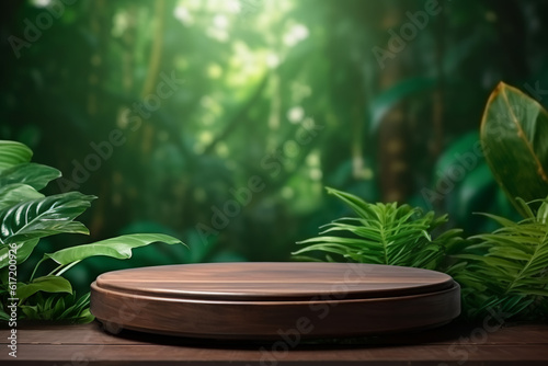 Wooden podium in tropical forest for product presentation and green background