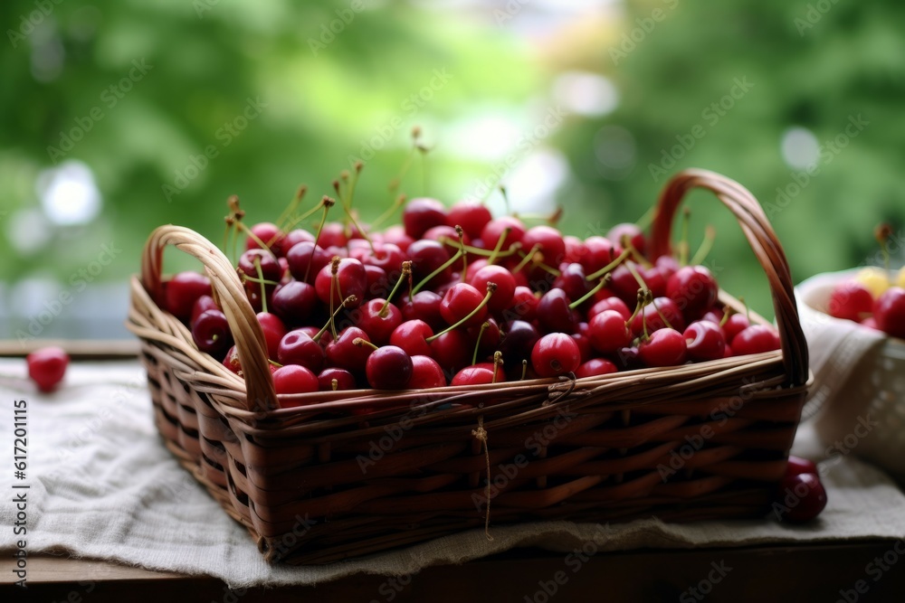 Cherry background close up. Seasonal harvest. AI generated, human enhanced