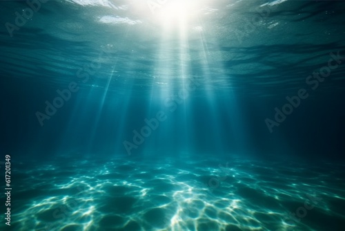 Transparent water, underwater sea background. Mockup or backdrop with sunbeams under water. AI generated, human enhanced