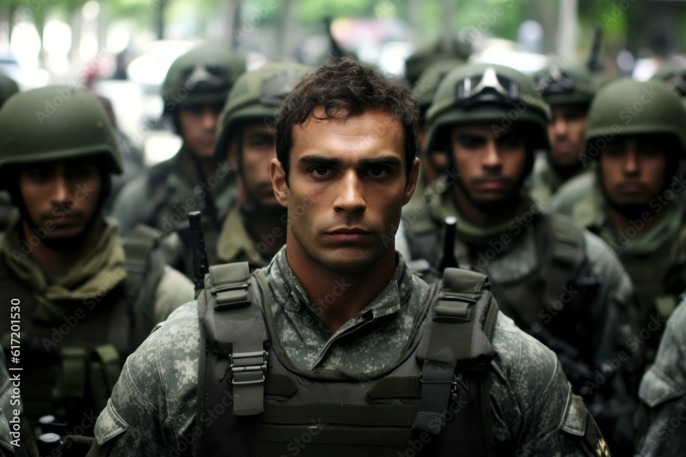 Portrait of a modern soldier in the ranks with selective focus. AI generated, human enhanced Portrait of a modern soldier in the ranks with selective focus. AI generated, human enhanced