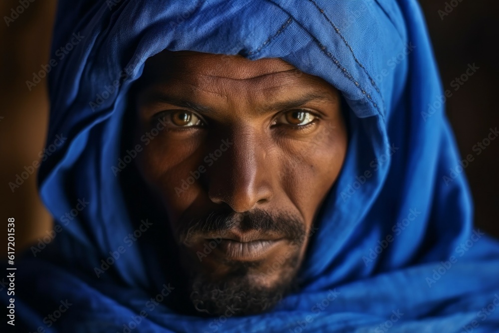 Adult Tuareg man in authentic national blue clothes. Background with selective focus. AI generated, human enhanced Adult Tuareg man in authentic national blue clothes. Background with selective focus. AI generated, human enhanced