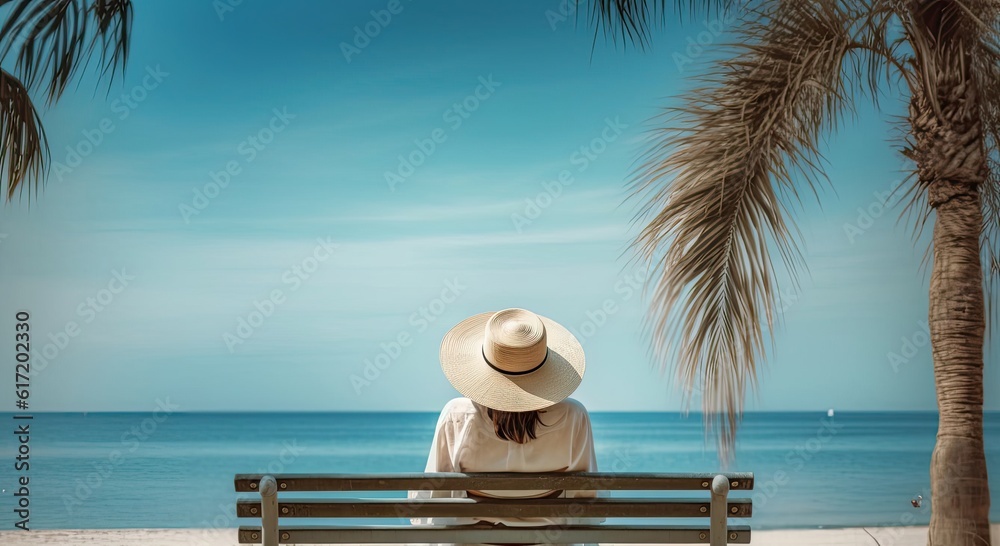 Obraz premium Woman In Tropics Beautifuly Sky With Copy Space Generative AI