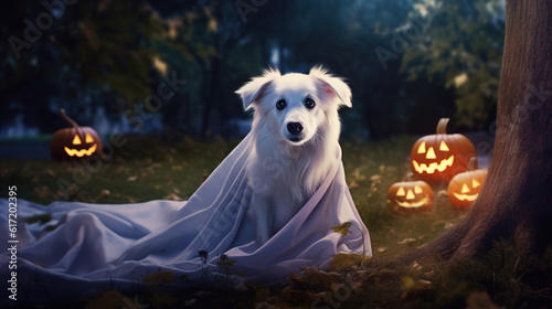 Dog dressed like a ghost at spooky night with  halloween pumpkins around, generative ai