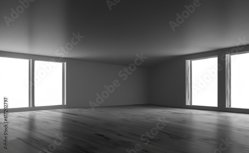 Fototapeta Naklejka Na Ścianę i Meble -  Empty room with large windows and light, Grungy room with light and shadow on floor, background. interior design 