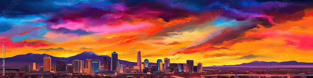 Obraz premium Banner Skyscrapers Vacation Sunset Backdrop Generative AI