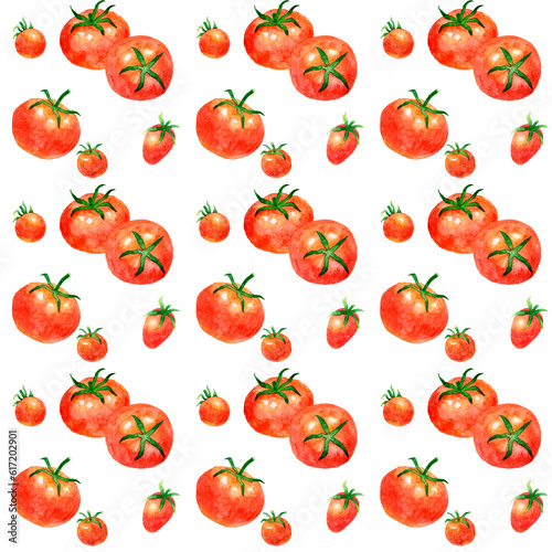 赤いトマトのシームレスパターン 手描き水彩イラストの野菜柄