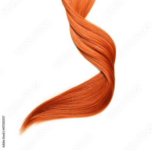 Beautiful ginger hair strand on white background, closeup photo