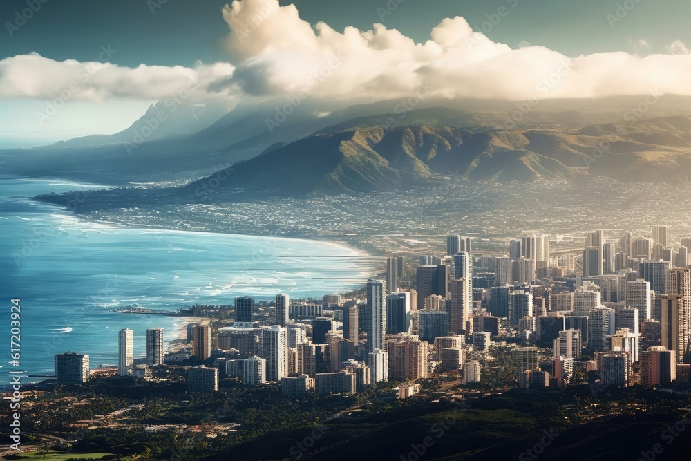 Aerial Hawaiin City View Backdrop Generative AI
