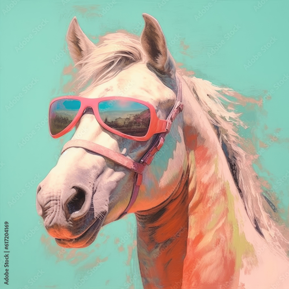 horse with sunglasses, pastel color background Stock Illustration