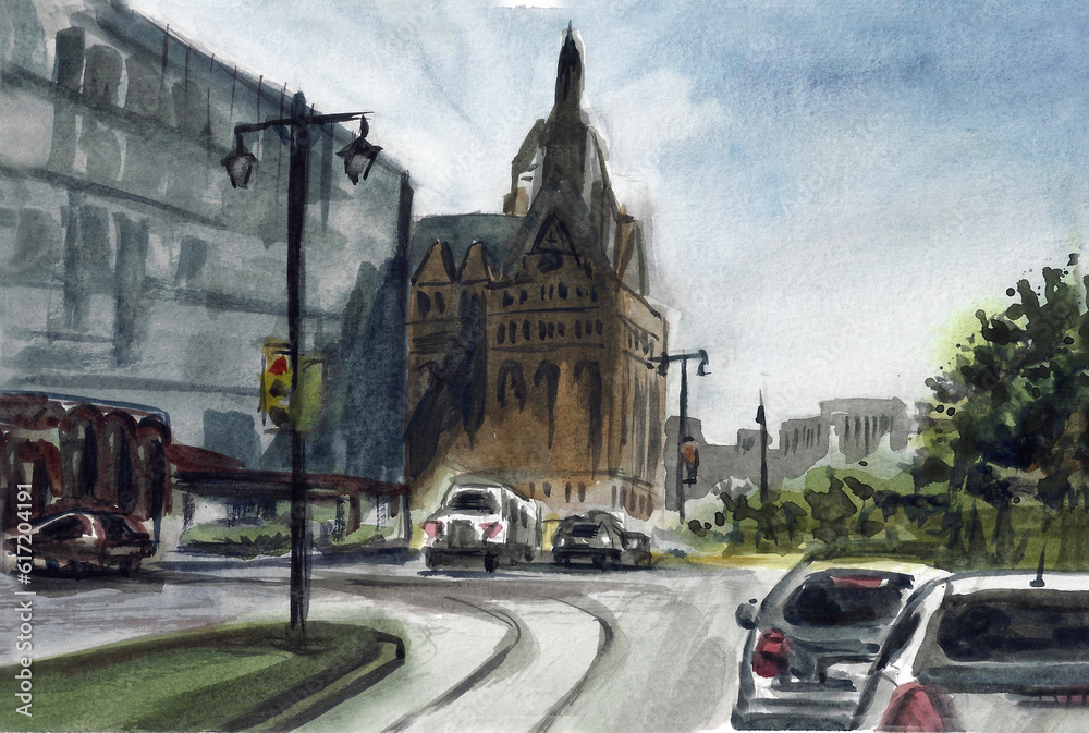 Fototapeta premium View of downtown Milwaukee captured in watercolor painting.