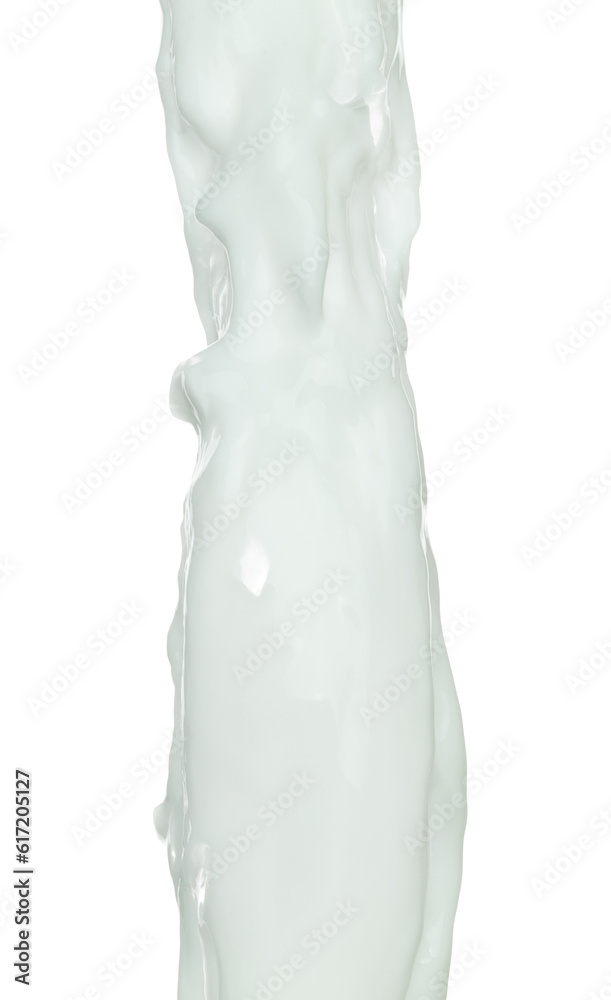 Daily Milk white lotion droplet fly splashing. Milk cream pour float to mid air. Moisturizer lotion explosion spill. White background isolated high speed shutter freeze