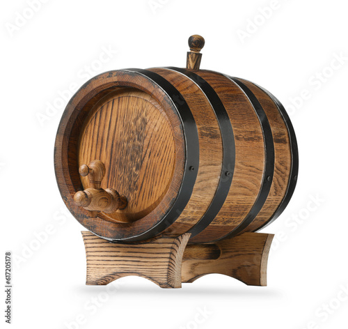 One wooden barrel with tap on white background