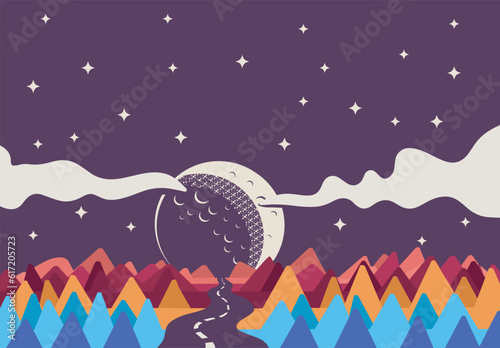 Curved road stretching beyond the horizon and giant moon in the background. Colorful minimalist trees in retro vintage style. vector illustration.e