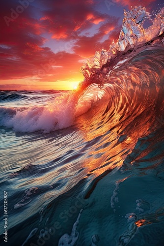 Colored waves against a sunset background made with Generative AI