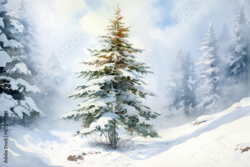 Watercolor spruce tree in the winter forest with snowfall Generative AI © stock_acc