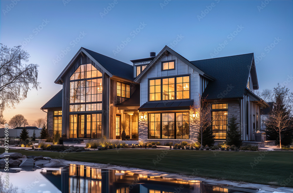 Beautiful modern farmhouse style luxury home exterior at twilight - ai generative