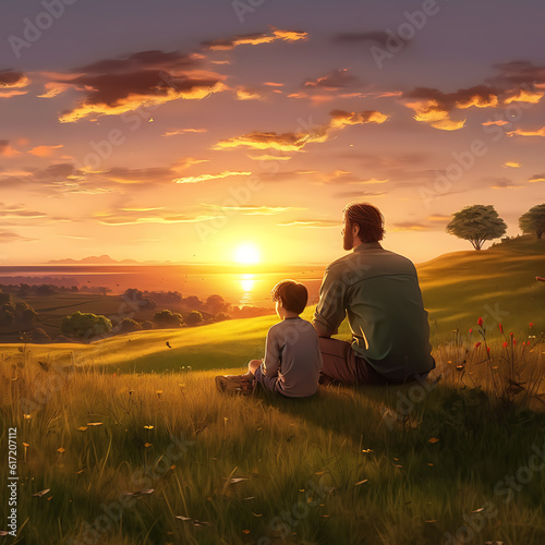 Father and son sit to see sunset view generative ai