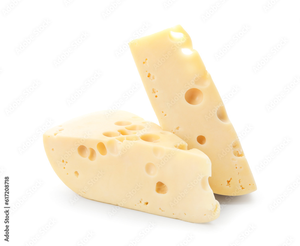 Pieces of tasty Swiss cheese on white background Pieces of tasty Swiss cheese on white background