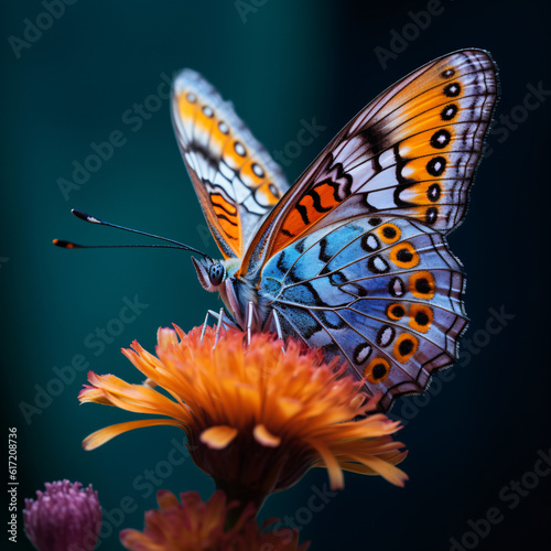 Describe the hyperrealistic 8K image of a beautiful butterfly delicately perched on a flower.