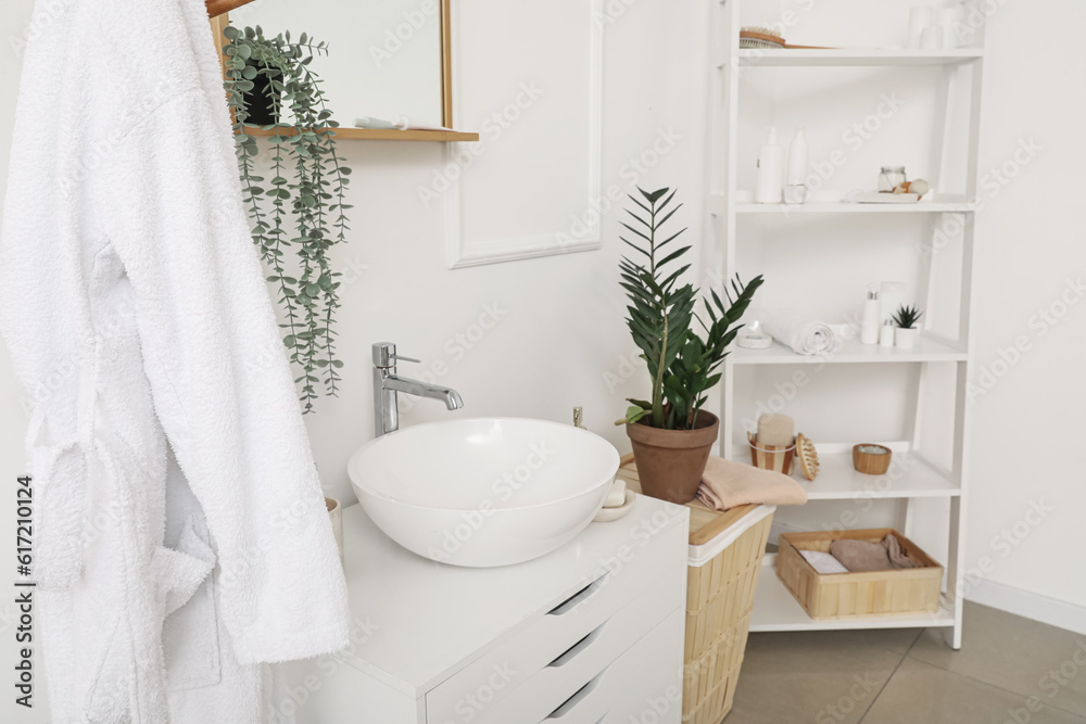 Fototapeta premium Sink bowl on chest of drawers, bathrobe and houseplant in bathroom