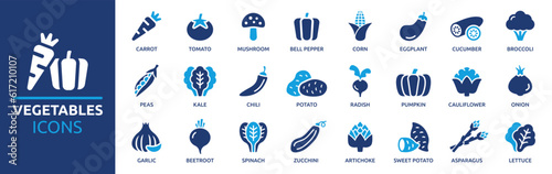 Vegetables icon set. Containing carrot, tomato, mushroom, broccoli, eggplant, corn, cucumber and lettuce icons. Solid icon collection. Vector illustration.