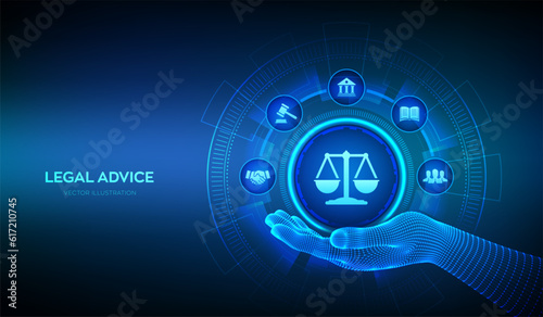 Labor law, Lawyer, Attorney at law, Legal advice concept on virtual screen. Internetlaw and cyberlaw as digital legal services or online lawyer advice. Law sign in wireframe hand. Vector illustration.
