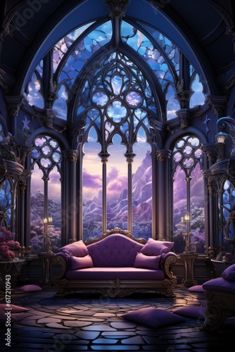 room with ornate windows and a white chair purple interior gothic art