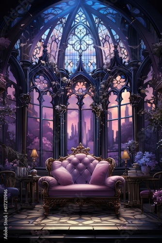 room with ornate windows and a white chair purple interior gothic art