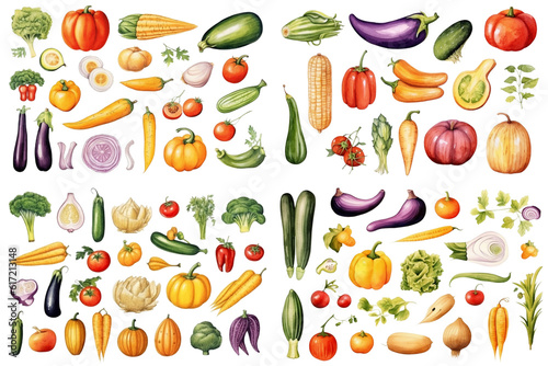 Fruit and vegetable watercolor painting on white background  isolated illustration