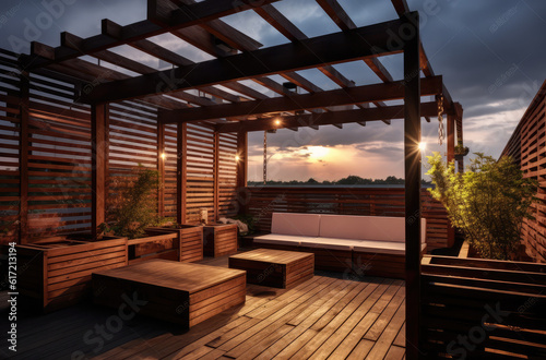a wooden deck with furniture on the roof stock photo, generative AI