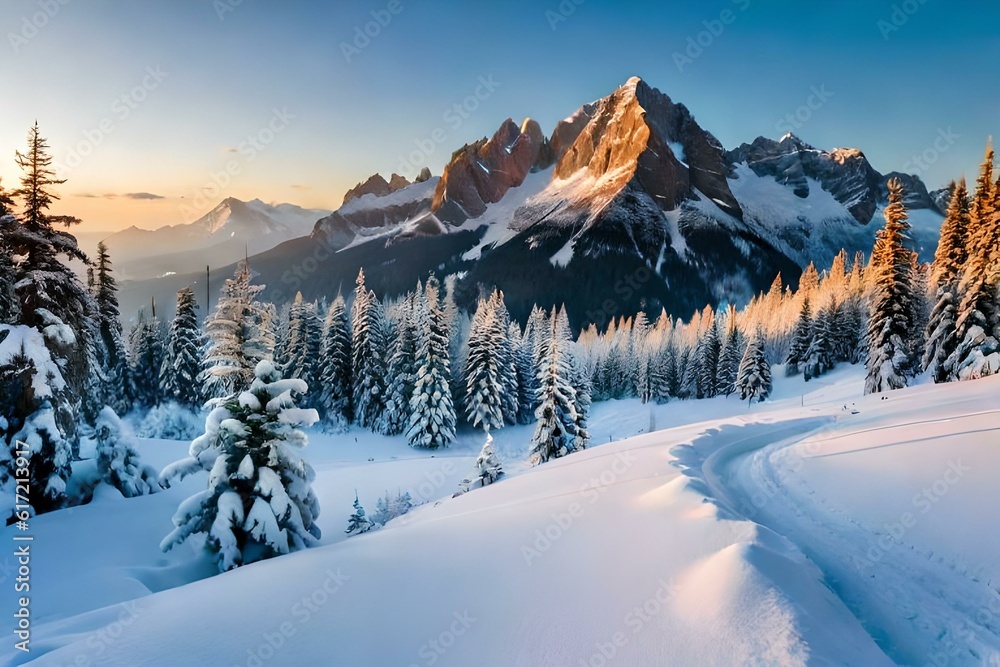 winter landscape with snow covered mountains Generated Ai