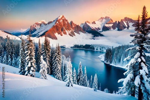 winter landscape with lake and mountain Generated Ai