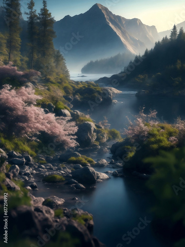 Mountain and river in nature, Generative AI Illustration.