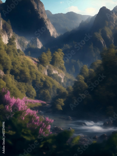 Mountain and river in nature, Generative AI Illustration.