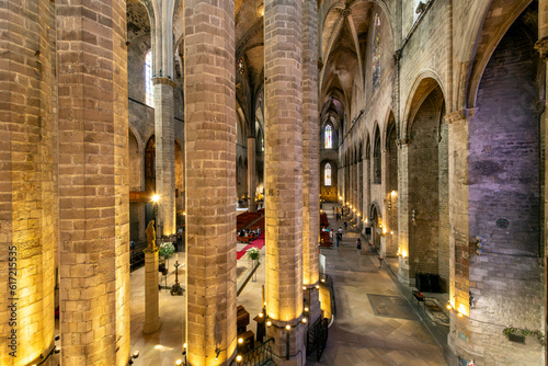 The gothic interior of the Basilica of Santa Maria del Mar church in the Ribera district near the Gothic Quarter of Barcelona  Spain. 