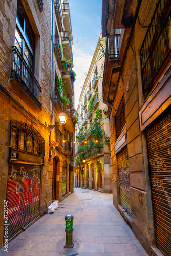 A narrow illuminated alley with closed shops and balcony gardens in the early evening twilight hours in the historic Gothic Quarter of the Catalonian city of Barcelona, Spain. © Kirk Fisher