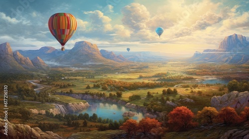 beautiful landscape with hot air balloons and mountains © sirisakboakaew