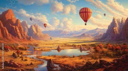 beautiful landscape with hot air balloons and mountains © sirisakboakaew