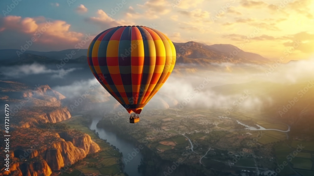 Obraz premium Beautiful landscape with hot air balloons and mountains, rivers, forests.
