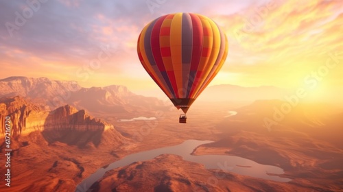 Beautiful landscape with hot air balloons and mountains, rivers, forests. © sirisakboakaew