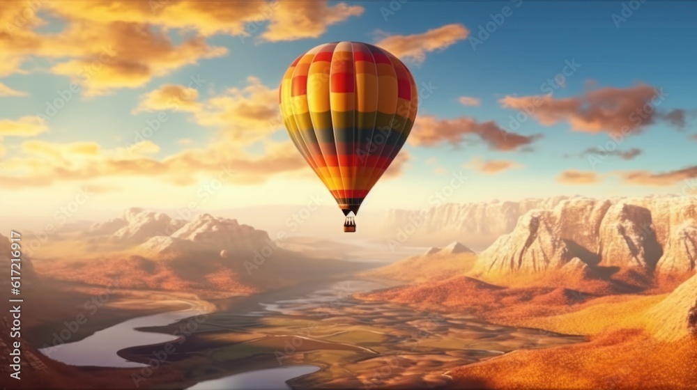 Obraz premium Beautiful landscape with hot air balloons and mountains, rivers, forests.