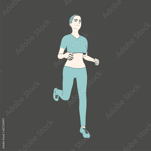 Running woman. Sport girl illustration. Casual sportwear - t-shirt, breeches and sneakers. Young woman wearing workout clothes. Sport fashion girl outline in urban casual style.