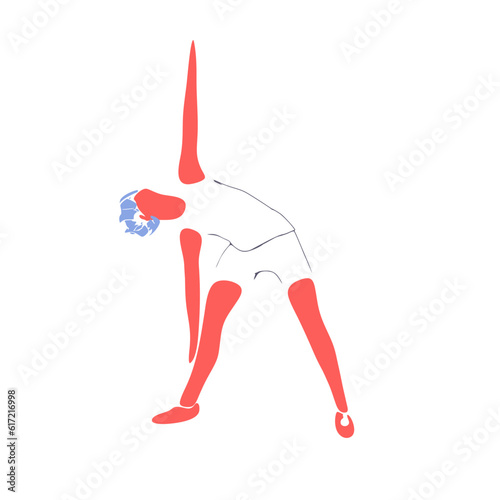 Young female workout. Sport girl doing stretching exercise. Casual sportwear - t-shirt, breeches and sneakers. Young woman wearing workout clothes. Sport fashion girl outline in urban casual style.