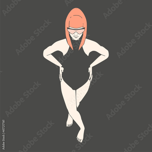 Illustration of a beautiful fashion model posing in a stylish swimsuit wearing sunglasses. Young attractive woman in beachwear.