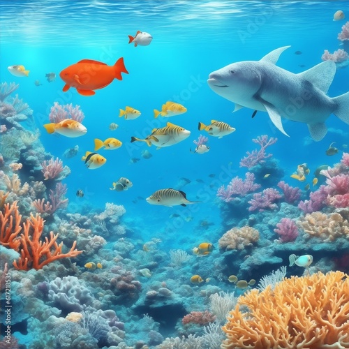 Ocean underwater with marine animals 3D ;Generated to AI