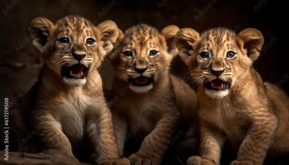 Three cute feline cubs staring, mouths open, in nature wild generated by AI Three cute feline cubs staring, mouths open, in nature wild generated by AI